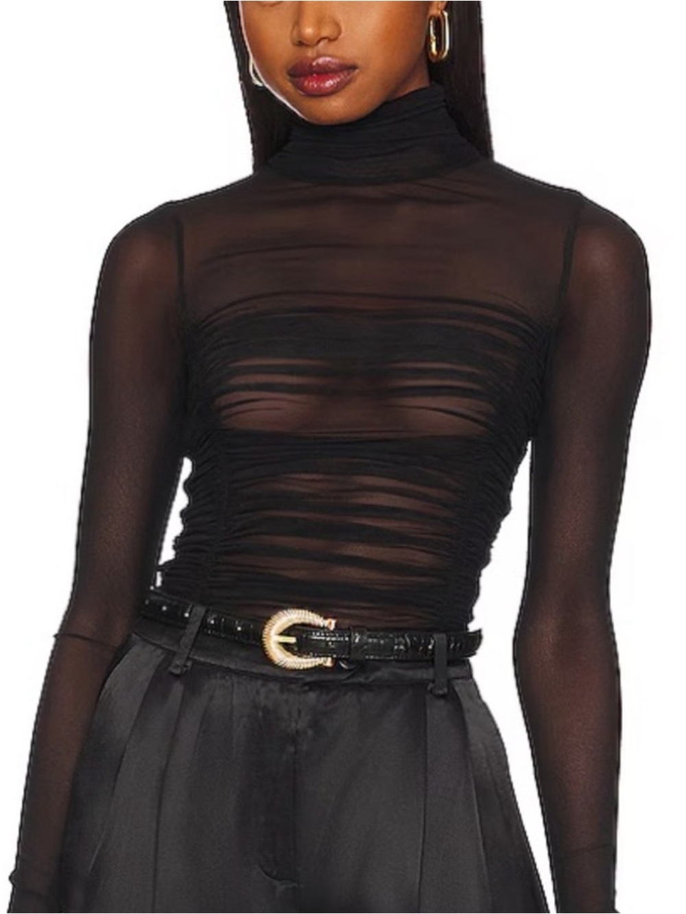 Free People Sheer Ruched Long-Sleeve Mock Neck Top in Black